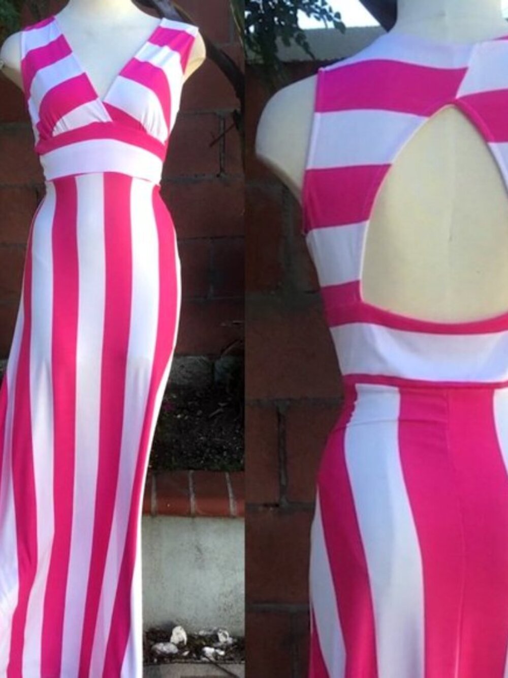 Casual Bright Stripped Long Sundress Cutout Back V-Neckline A-Line Stretchy S